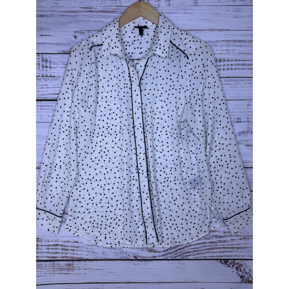 Who What Wear Polka Dot Blouse Women Size M White Black Contrast Piping Shirt